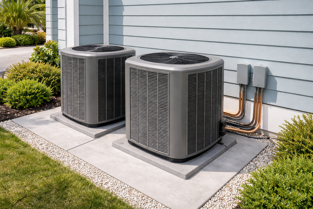 Two gray outdoor HVAC units beside a house on a concrete pad, with lawn and shrubs nearby