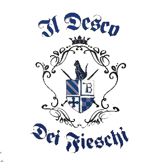 Logo per Il Desco Dei Fieschi: stemma decorato con un gatto, uno scudo e testo in carattere blu.