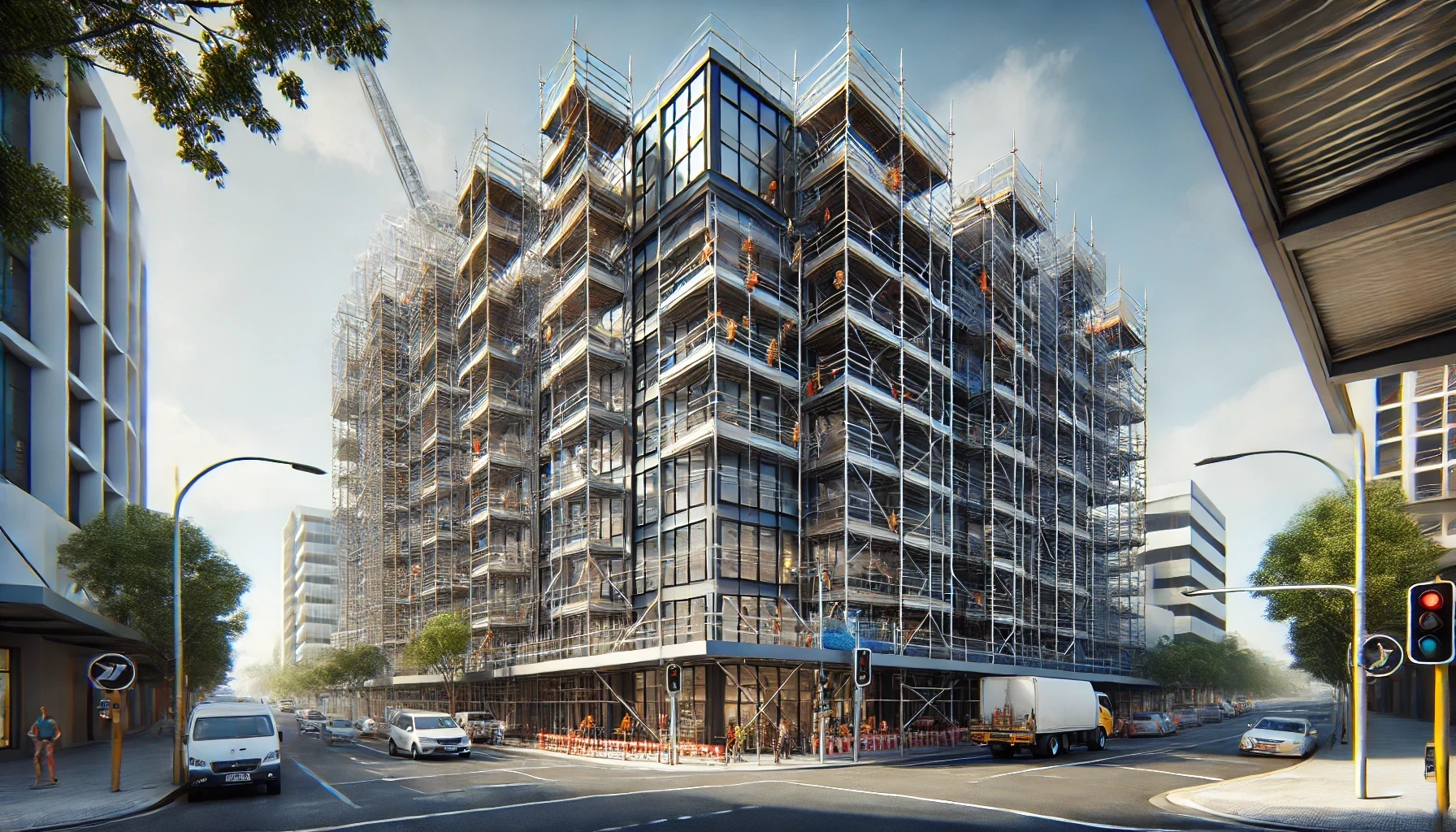 A commercial building under construction and covered in scaffolding on the corner of a city street.