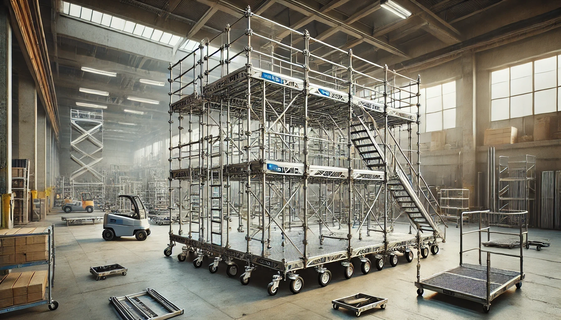 A large warehouse filled with lots of scaffolding and carts.