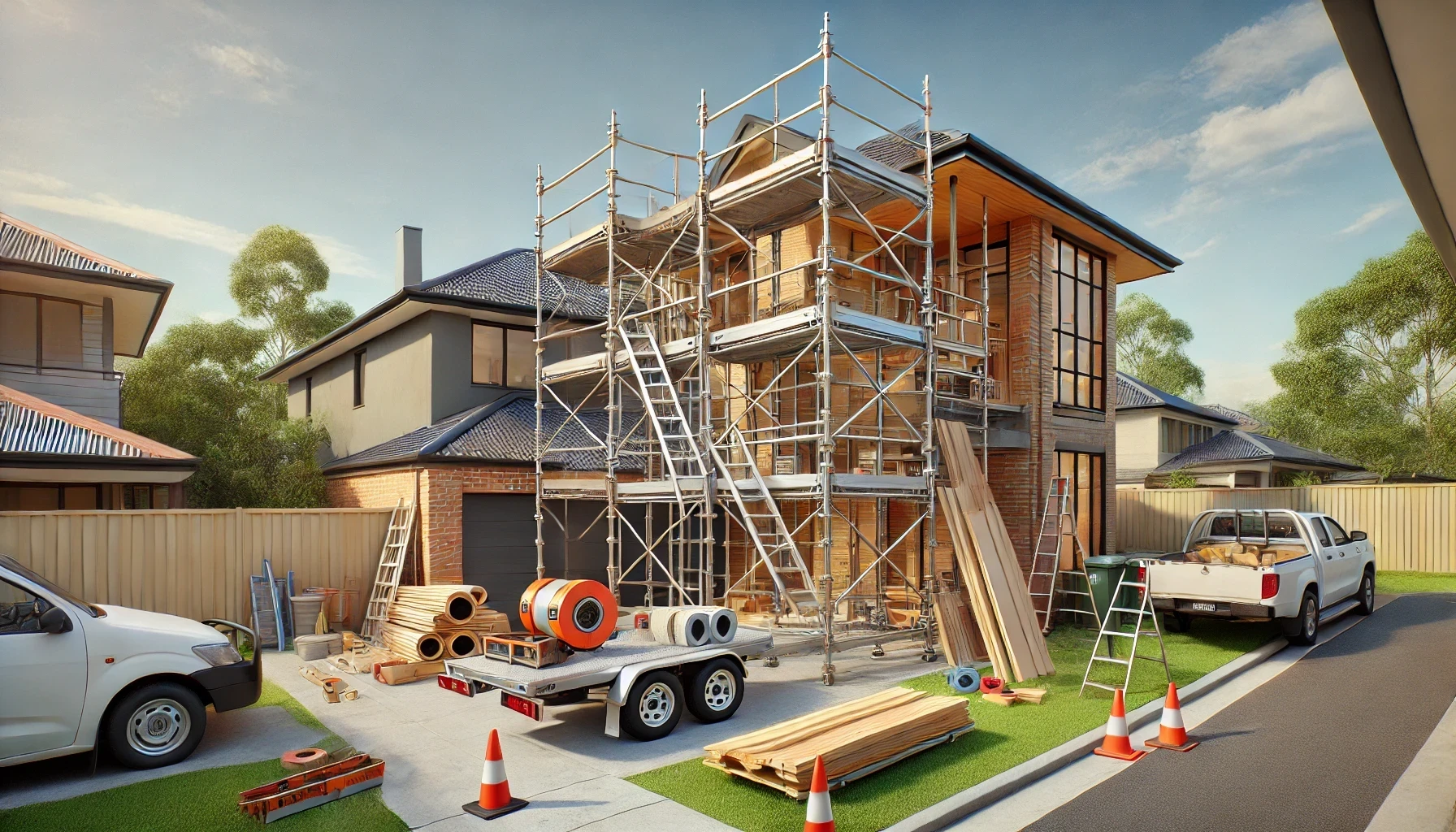 A house is being built with scaffolding and a truck parked in front of it.