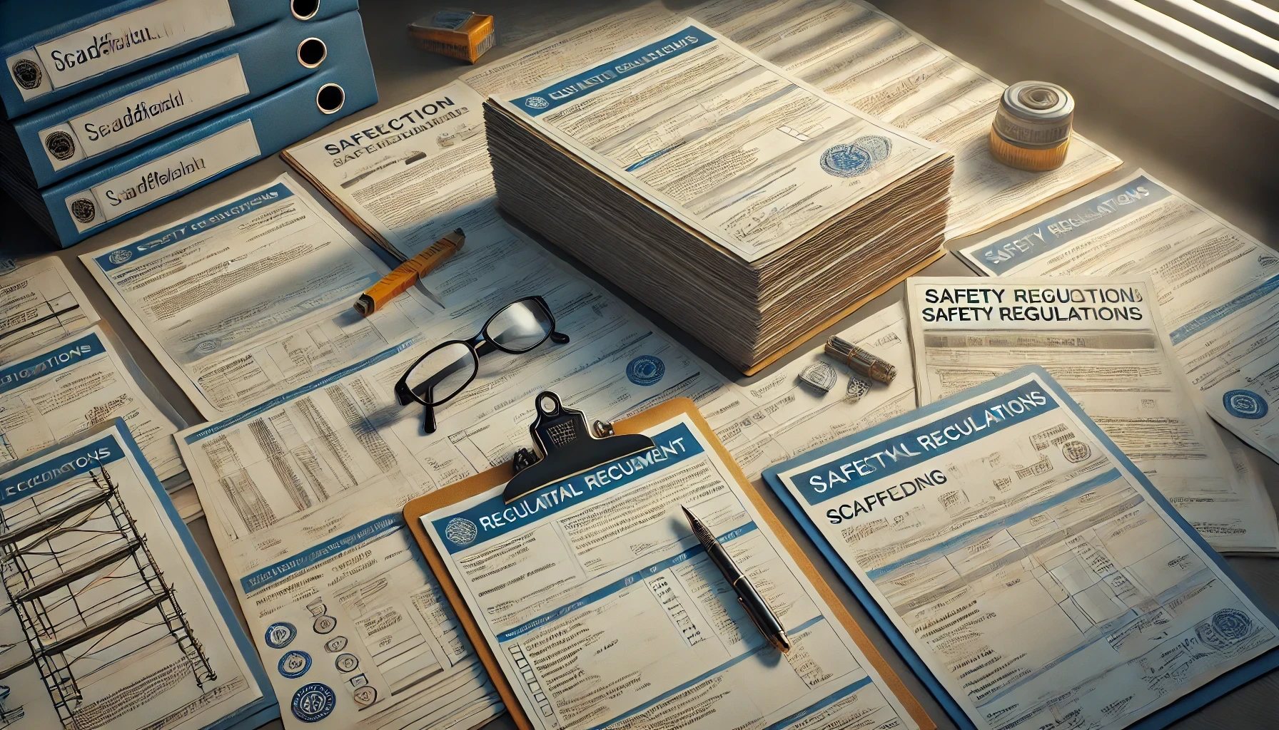 A stack of papers and a clipboard with a pen and glasses on a table.