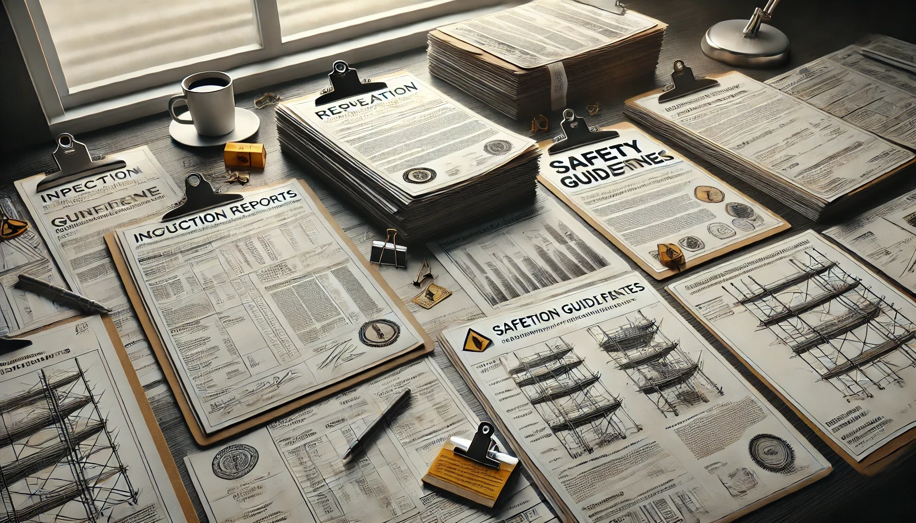A table topped with a stack of clipboards and papers.