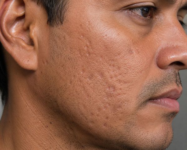Close-up side profile of a man’s face showing acne scars on his cheek