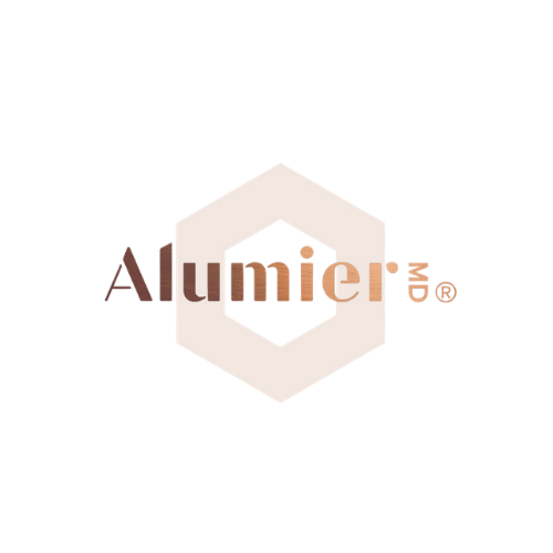 Alumier logo in brown and beige with a hexagonal geometric icon