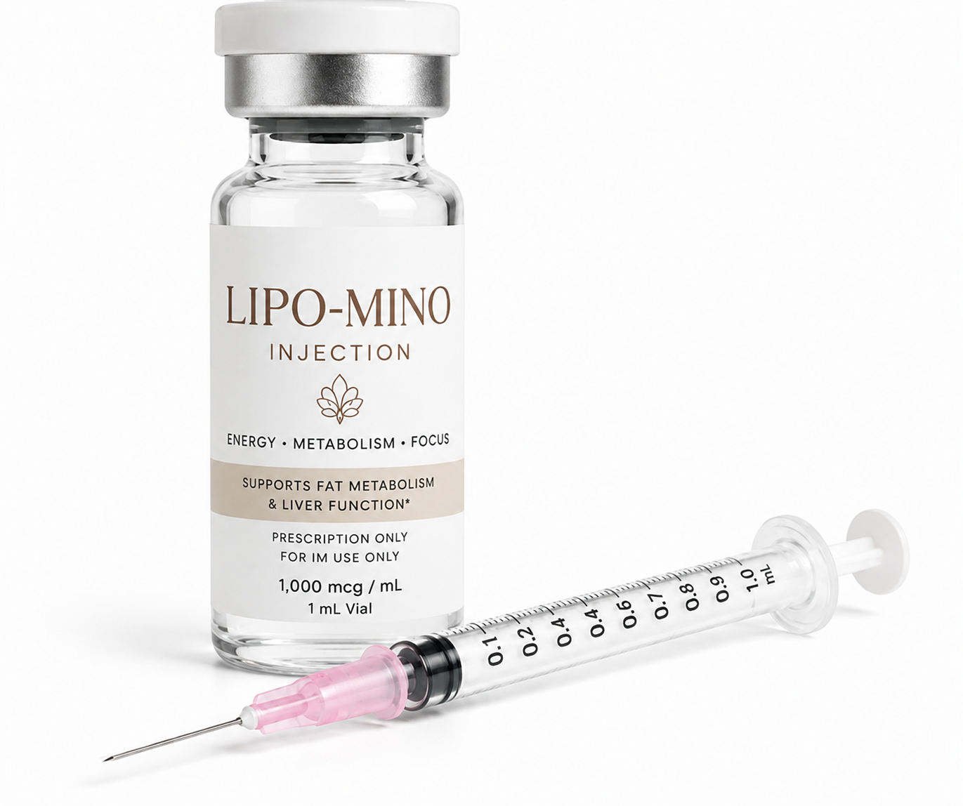 Vitamin B12 injection vial with a syringe on a white background