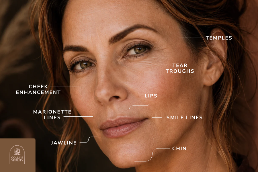 Close-up of a face with labeled cosmetic zones on skin, showing brows, lips, chin, cheeks, jawline, and forehead.