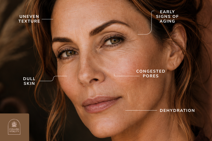 Close-up face with text labels for uneven texture, dull skin, dehydration, congestion, and early signs of aging