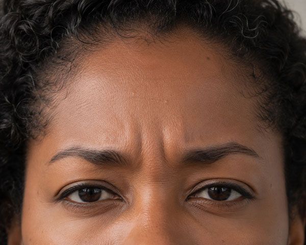 Close-up of a person's eyes and forehead with furrowed brows, showing a concerned expression