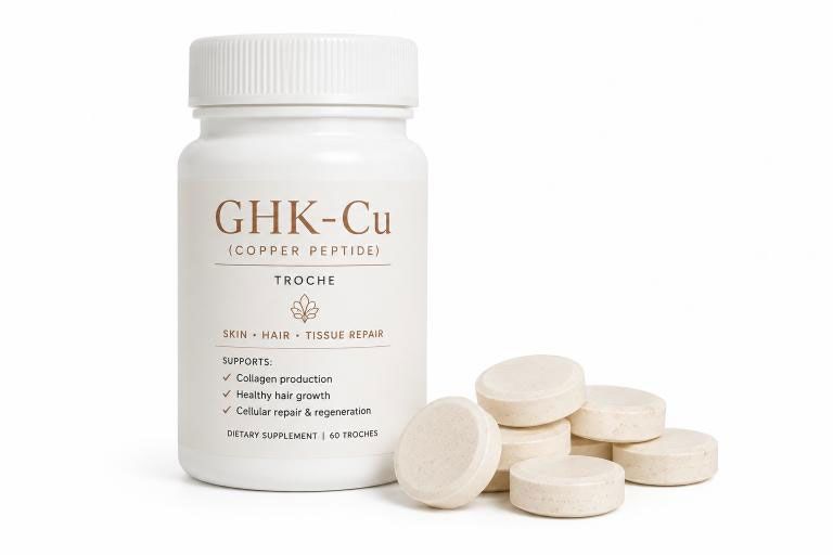 White GHK-Cu peptide supplement bottle with tablets on a white background