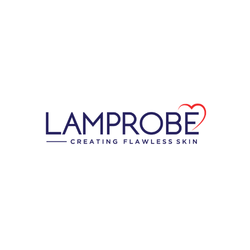 Lamprobe logo in blue with red heart outline and tagline “Creating Flawless Skin”