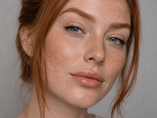 Close-up portrait of a red-haired person with freckles, neutral expression, against a gray background