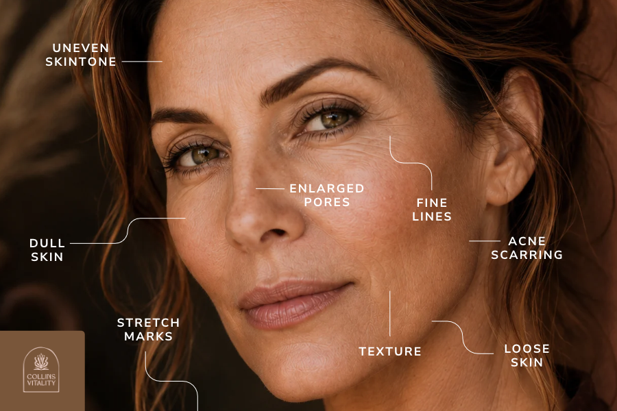 Close-up of a woman’s face highlighting skin texture, fine lines, and acne scarring with labels.