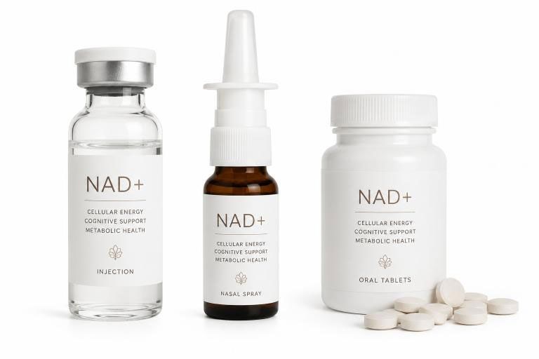 NAD+ supplement set: vial, dropper bottle, jar, and tablets on white background