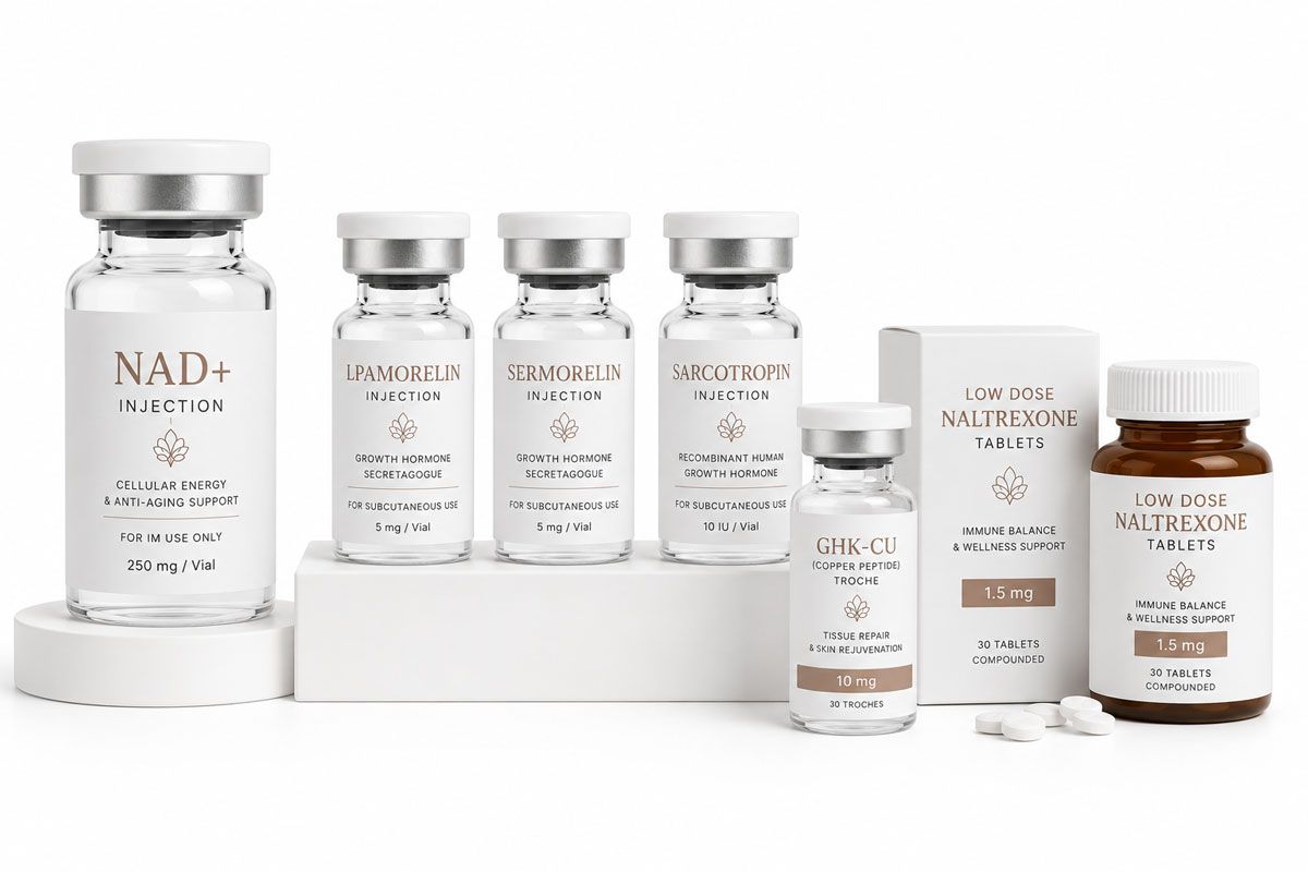 White skincare and supplement bottles arranged on a white display stand