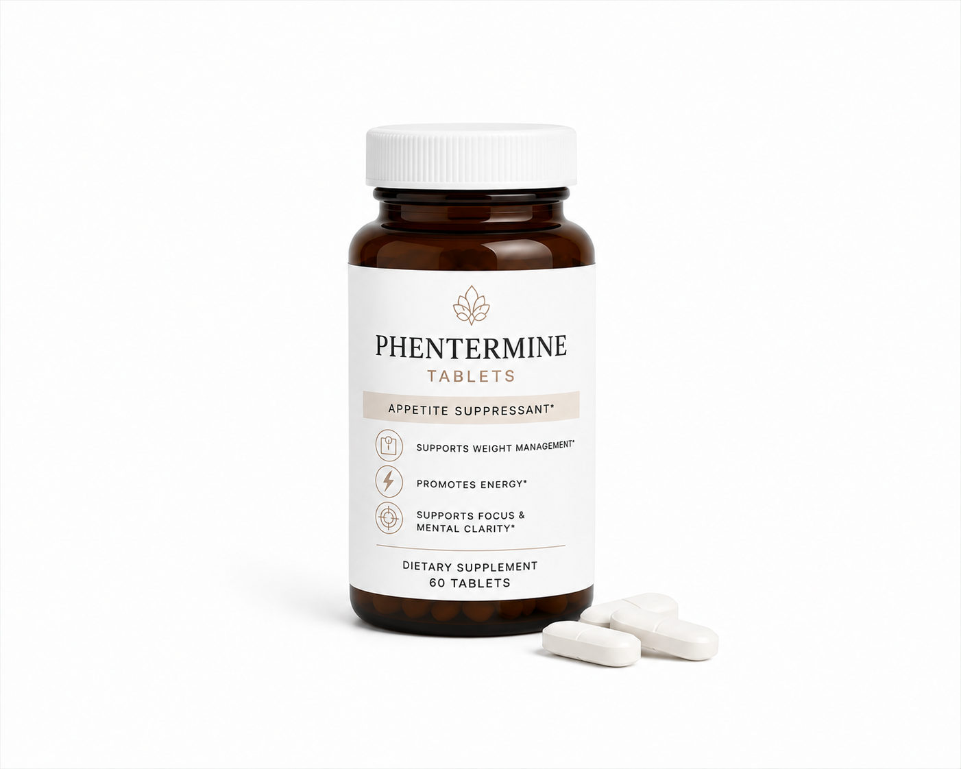 Phentermine tablets bottle with several white pills on a white background