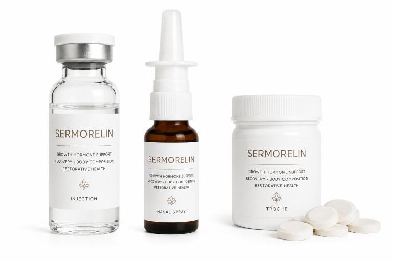 Sermorelin peptide products: vial, dropper bottle, pill jar, and tablets on white background