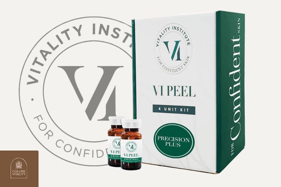 Vipeel skincare kit with white and green boxes, vial, and logo on a light background