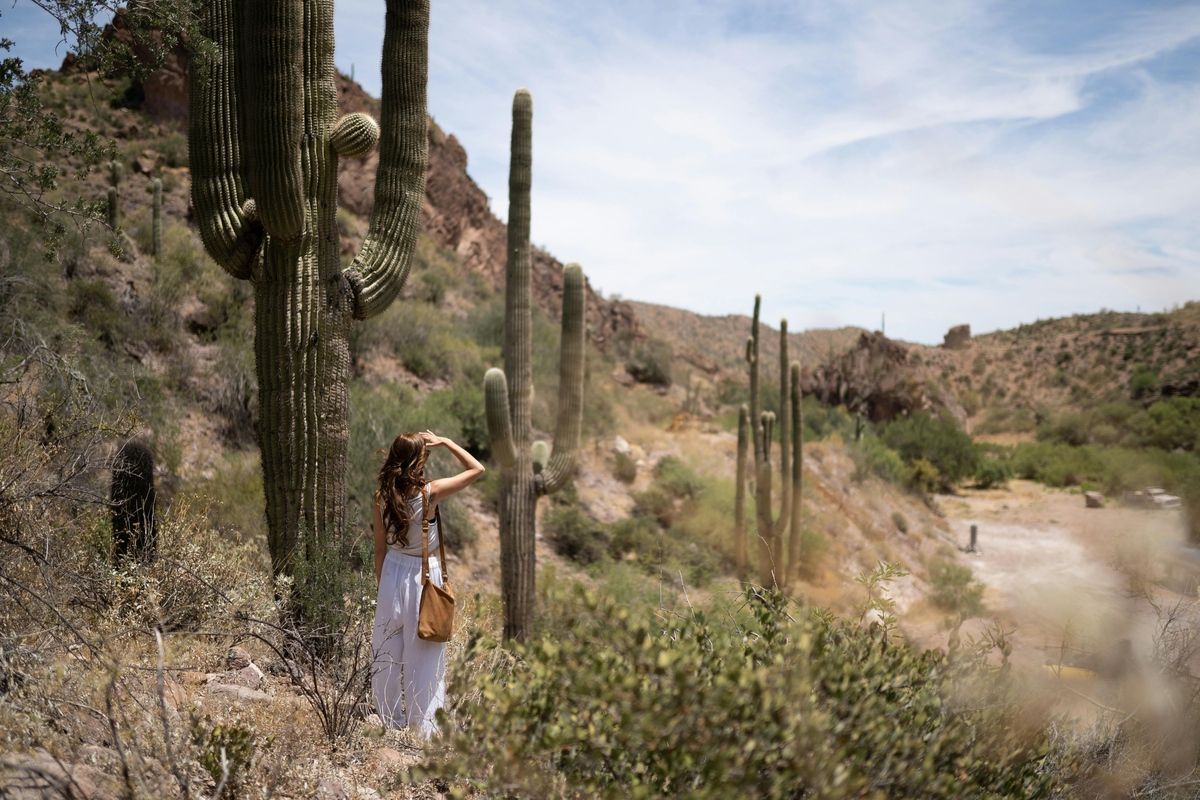 Person in a white dress stands among cacti in a dry desert landscape with hills and a cloudy sky