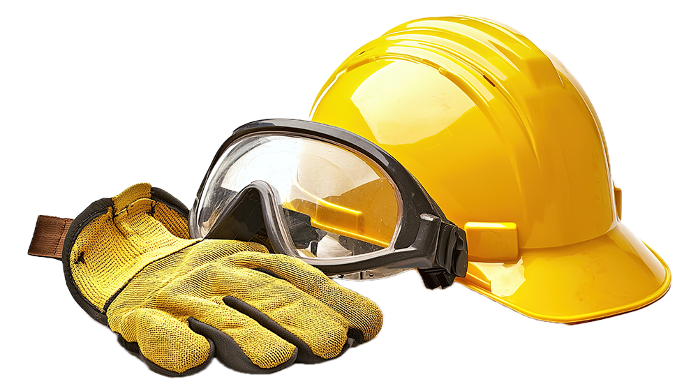 Casque de chantier jaune, lunettes de sécurité et gants de travail sur fond blanc