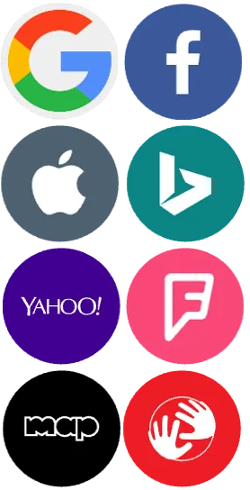 Un ensemble d'icônes de médias sociaux, notamment Google, Apple, Yahoo et MCP