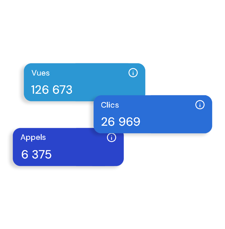 Trois étiquettes bleues avec des numéros dessus sont empilées les unes sur les autres sur un fond blanc.