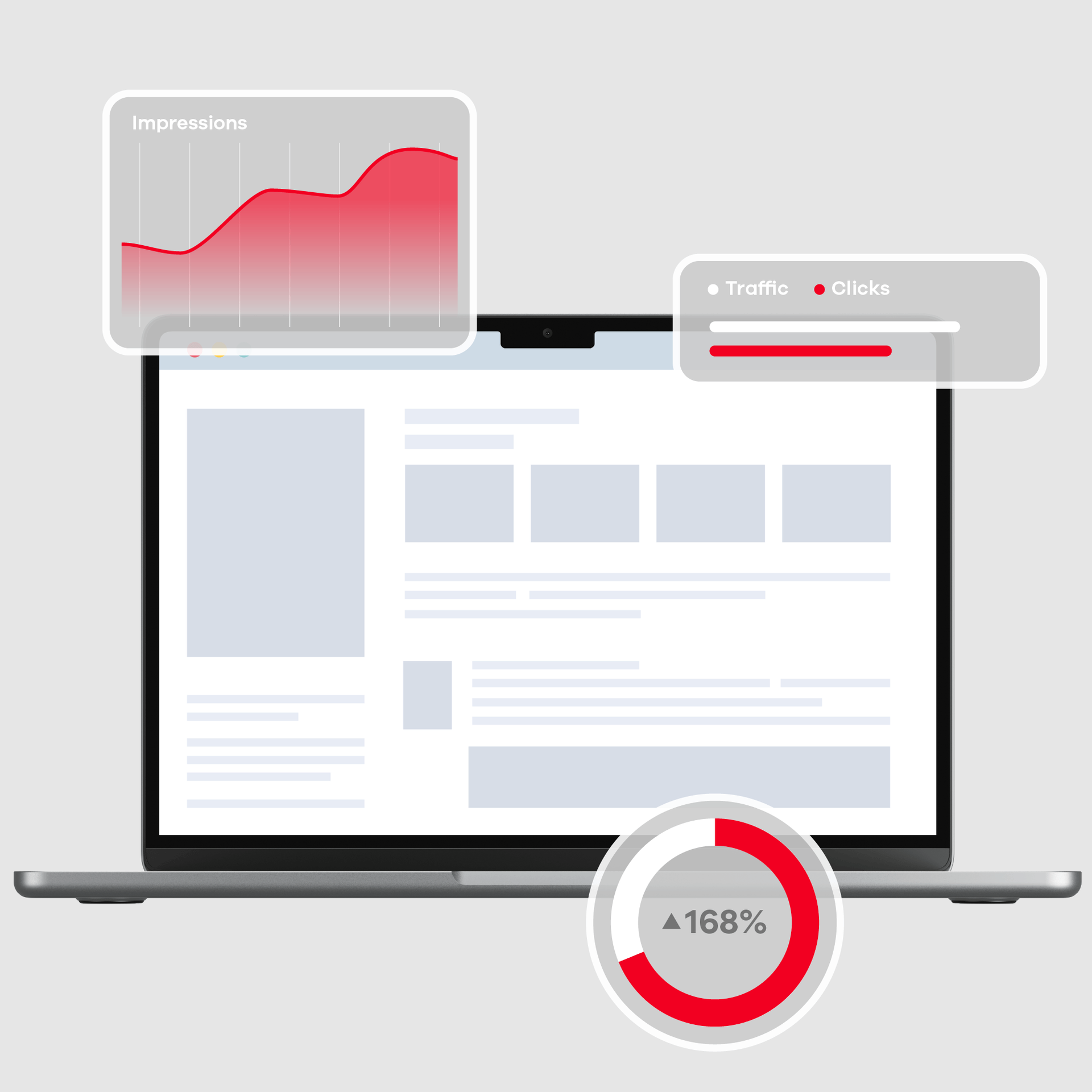 Laptop displaying a social media page, with analytics graphs in red overlay.  Shows a 168% increase.