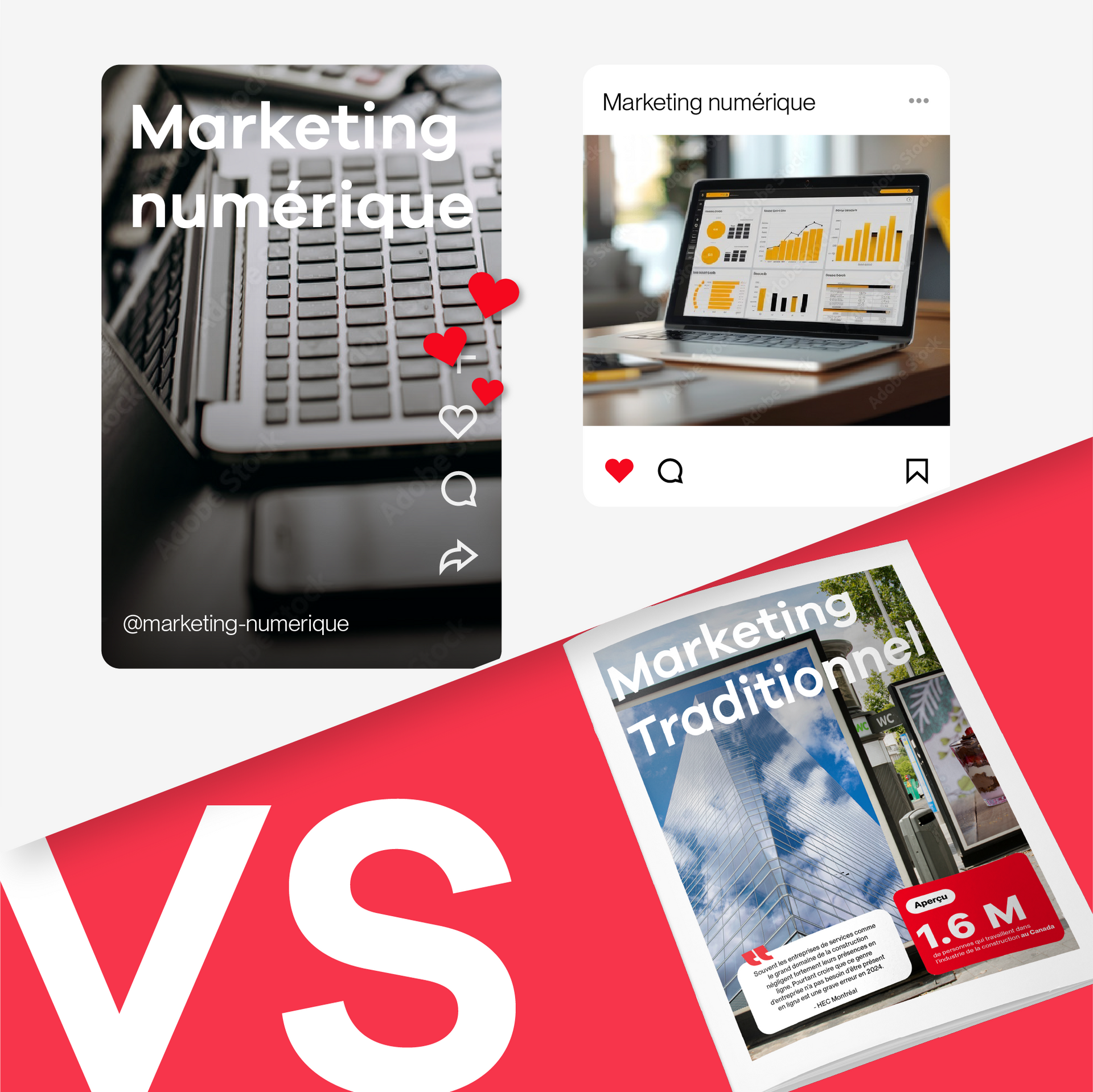 Une photo d'un ordinateur portable à côté d'une photo d'un livre intitulé marketing traditionnel