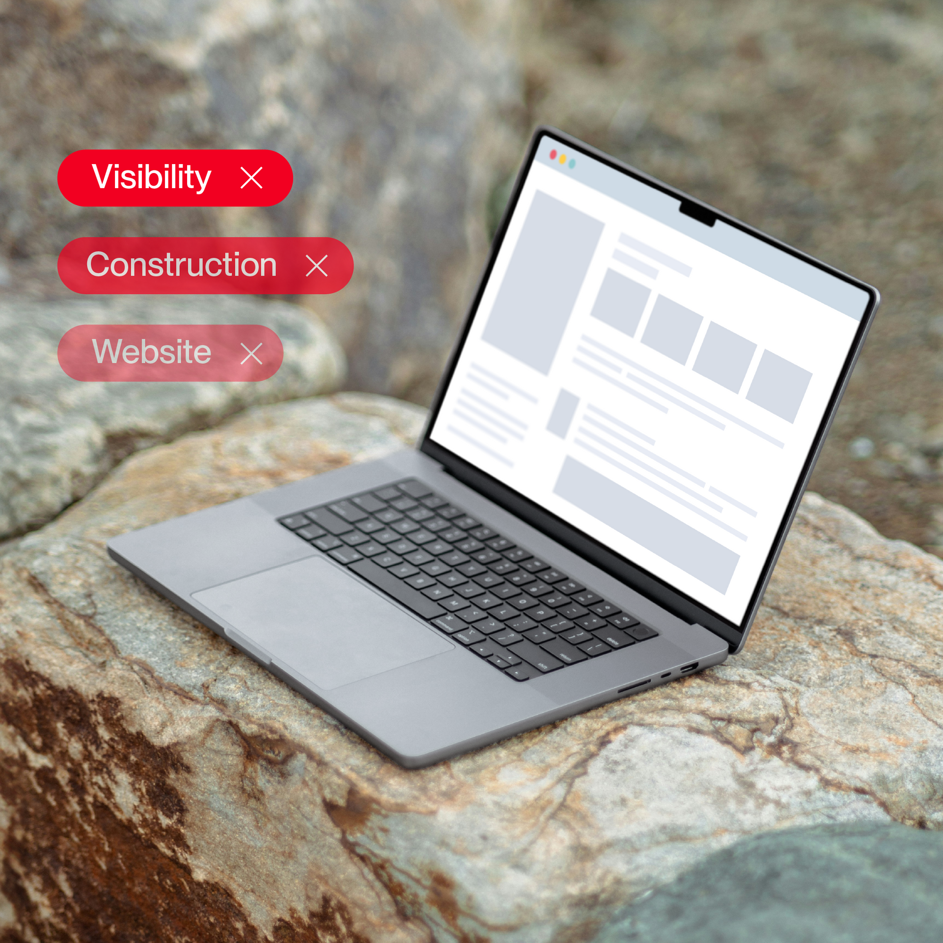a laptop on a rock with words