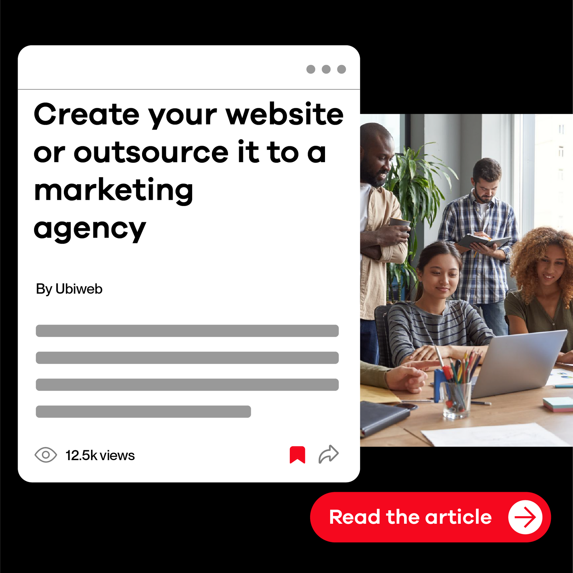 A blog post about website creation or outsourcing to a marketing agency. The image shows a team working together.