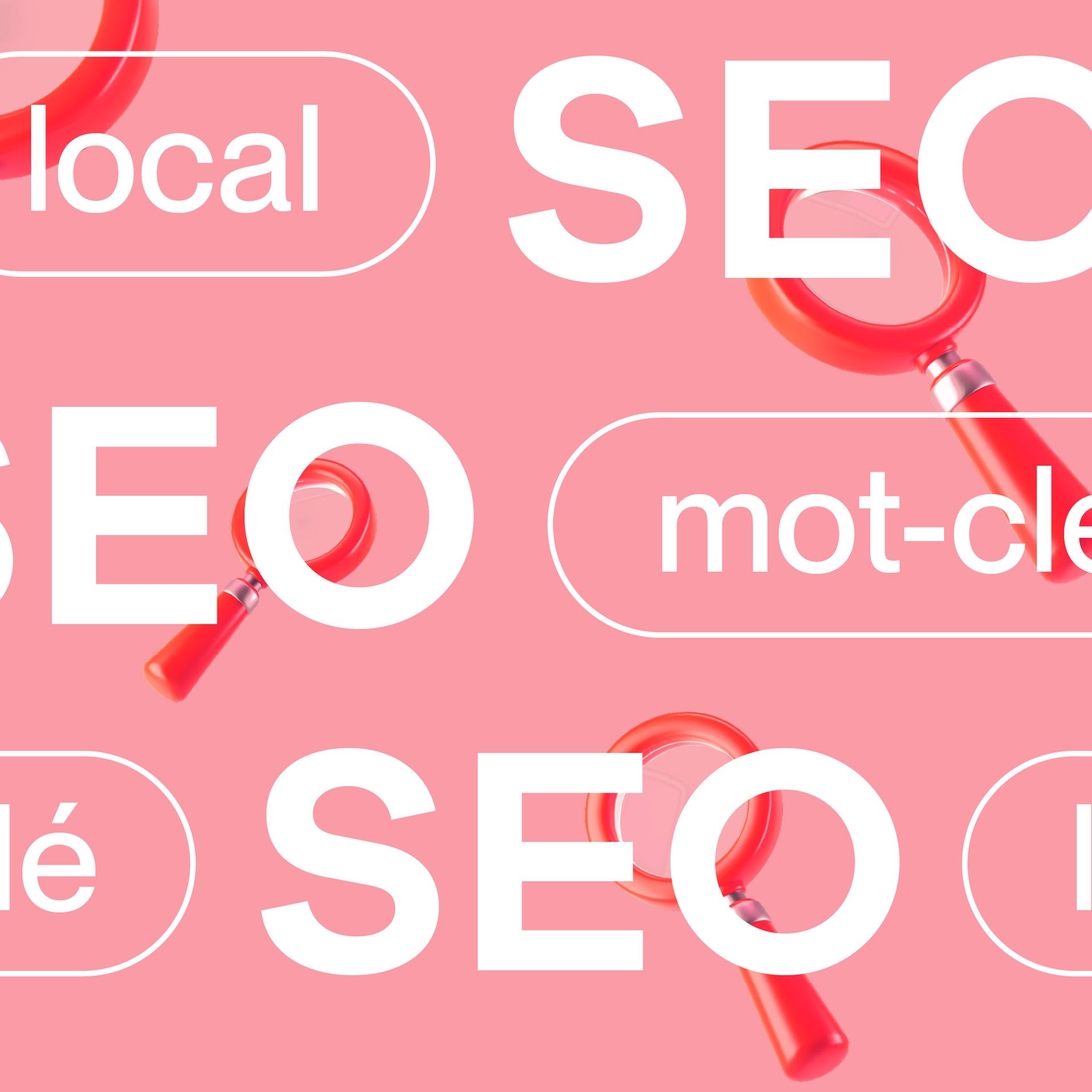 Texte blanc « SEO » et loupes sur fond rose avec étiquettes de mots-clés.