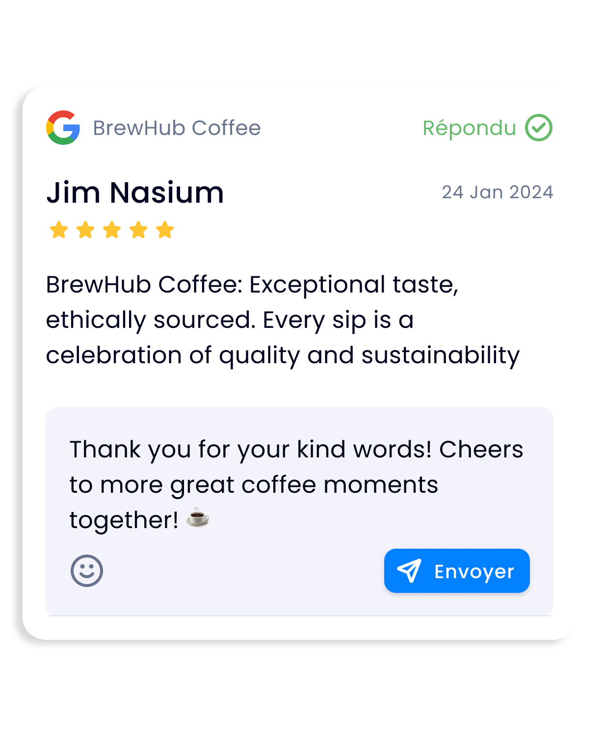 A screenshot of a google review for brewhub coffee.