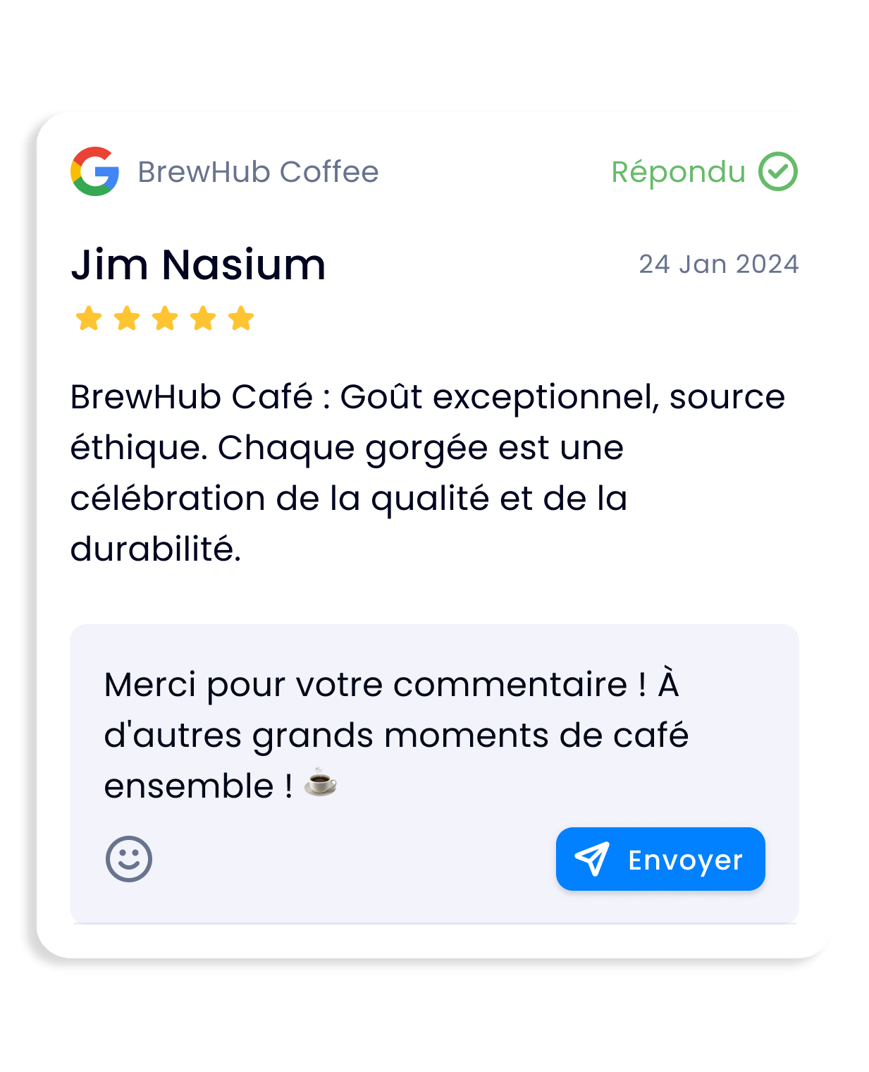 Une capture d'écran d'un avis Google sur le café brewhub.