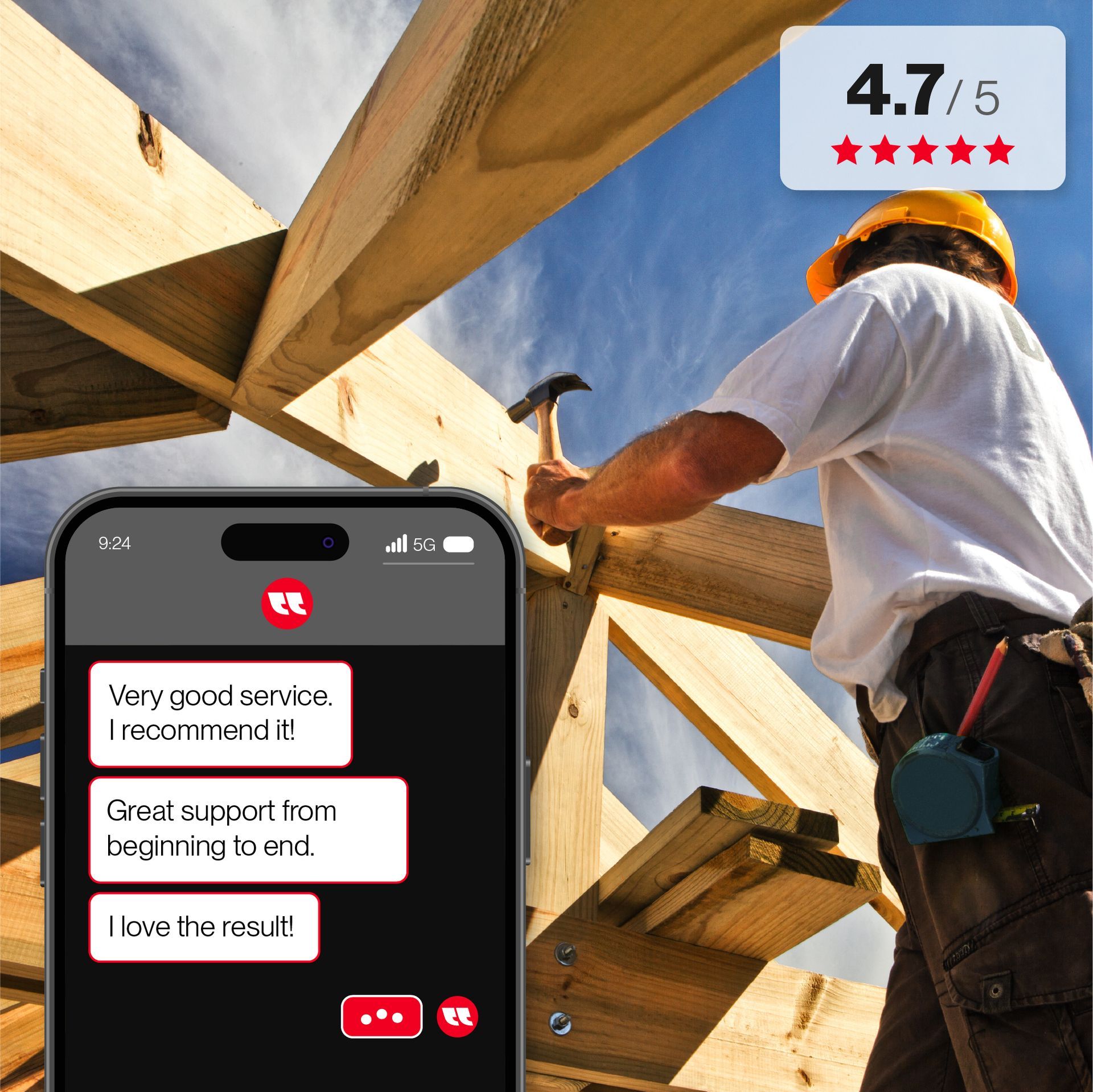 a man is working on a roof and a phone is showing online reviews