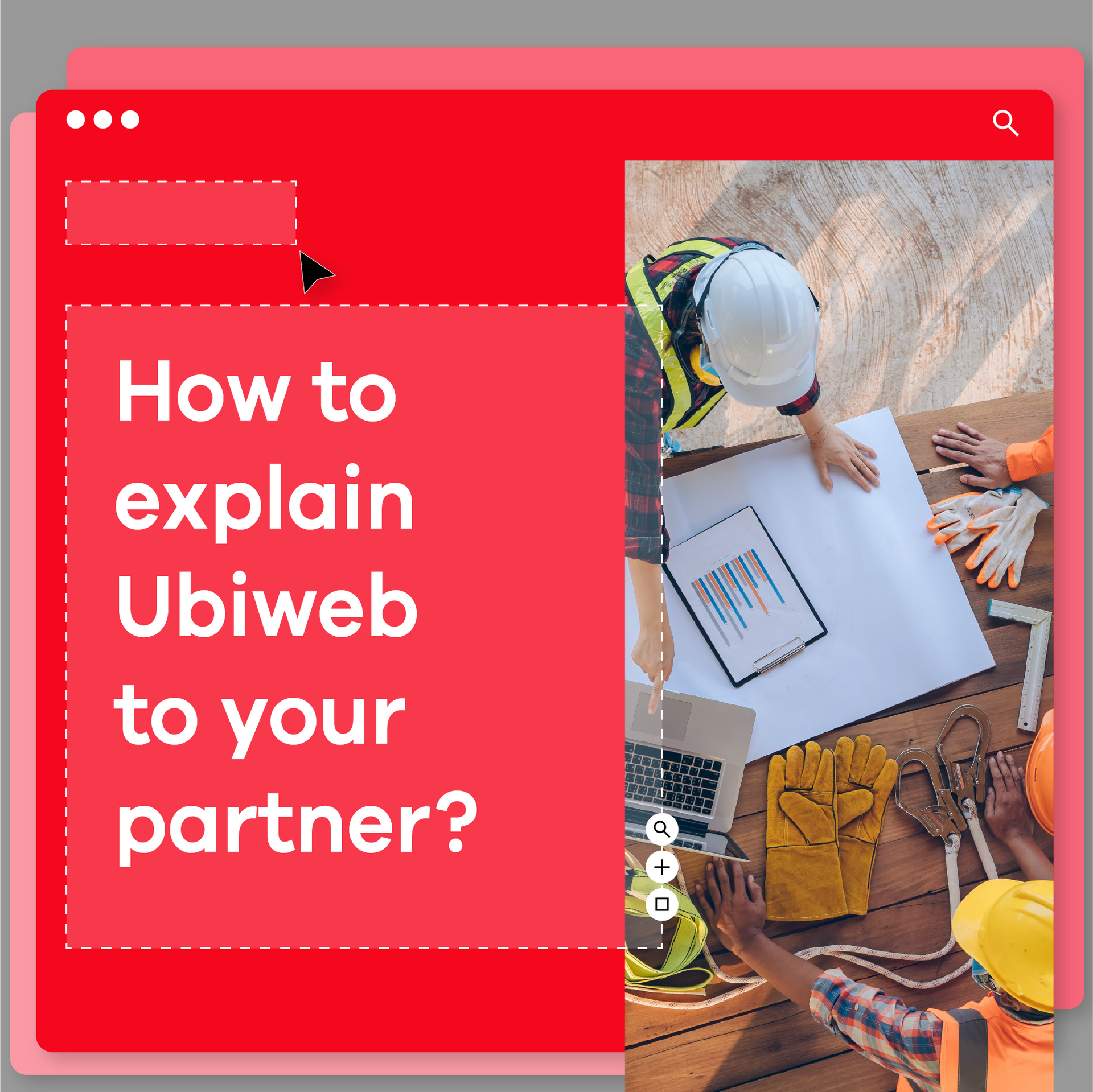 Red graphic: Construction team around blueprint, text 