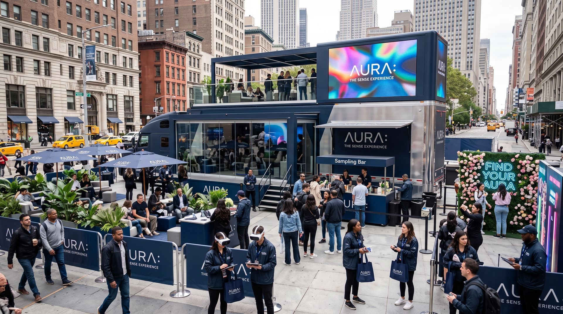 Busy city plaza with a large black event pavilion, crowds, blue umbrellas, and a digital billboard reading “AURA”