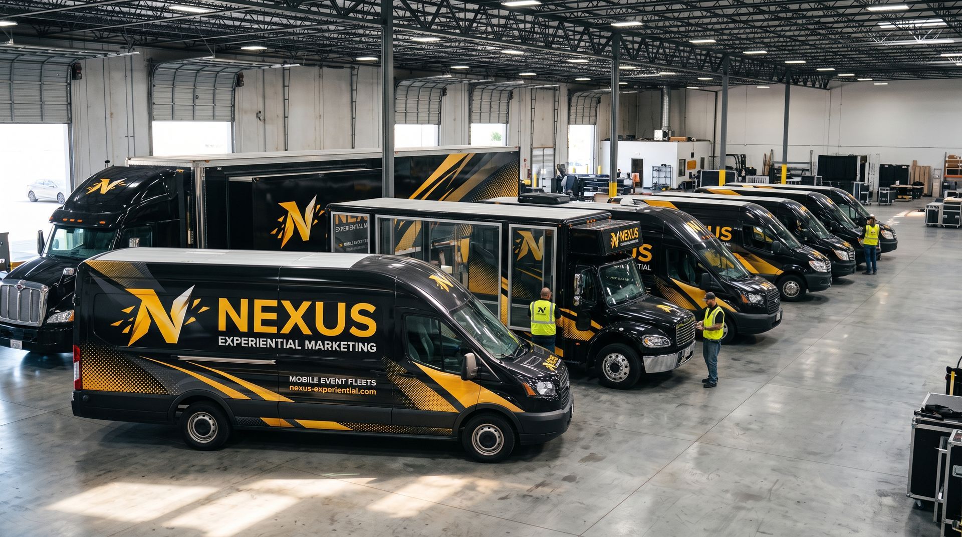 Fleet of black-and-yellow Nexus vans parked in a large warehouse garage
