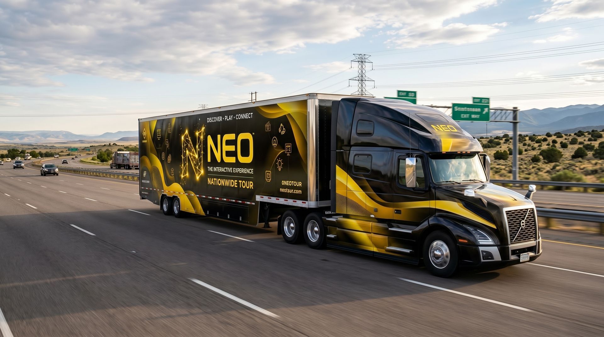Black and yellow NEO semi-truck driving on a highway under a cloudy sky