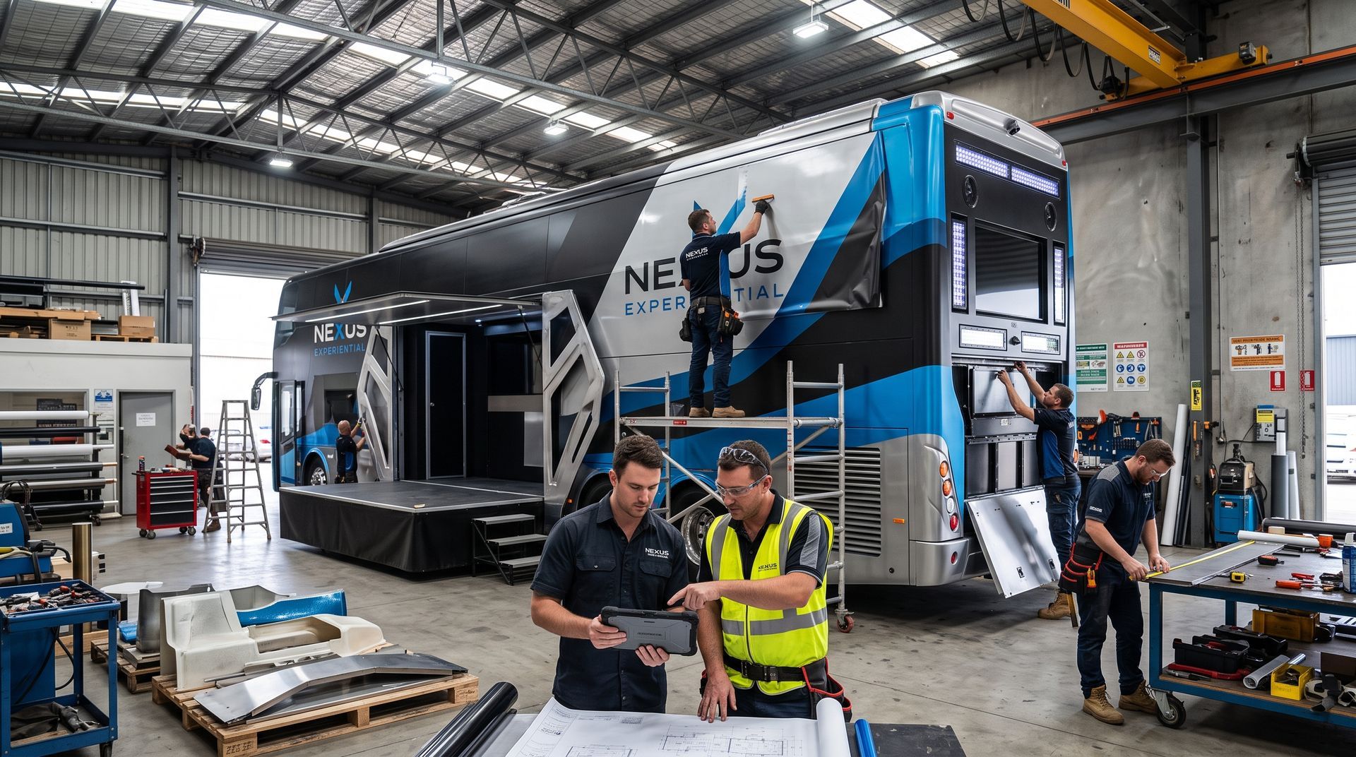Team inside a workshop beside a large black and blue racing truck under assembly.