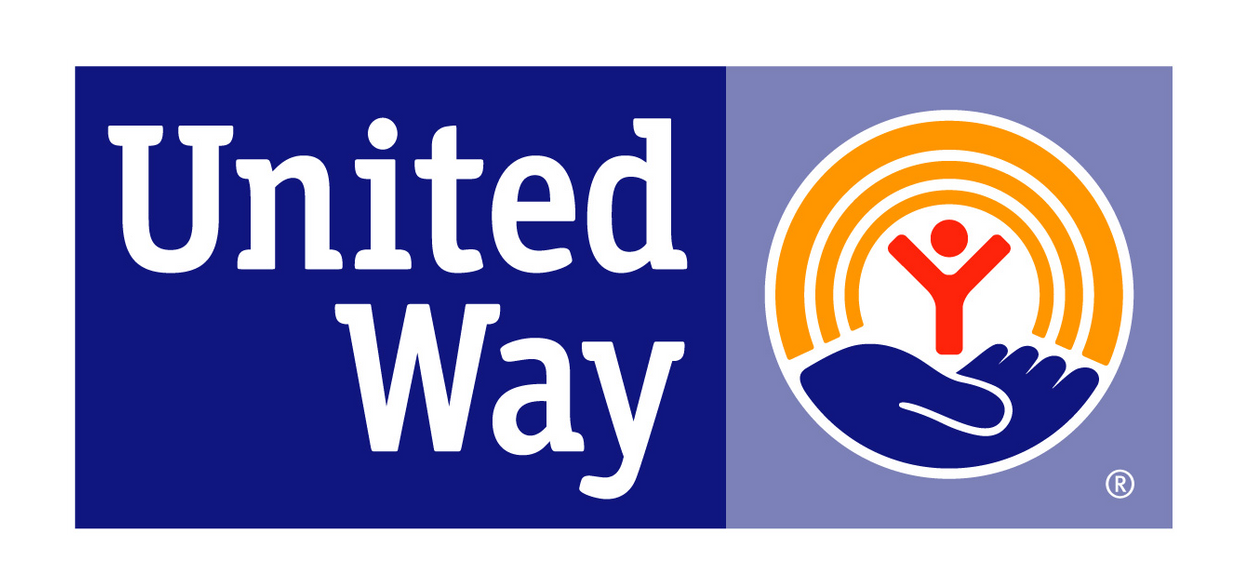 United Way logo: text on blue, symbol of person in hand under sun.