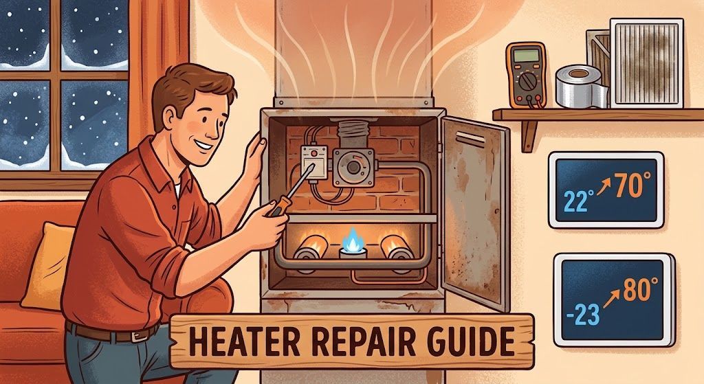 Homeowner performing DIY home heater repair troubleshooting steps on a gas furnace unit.