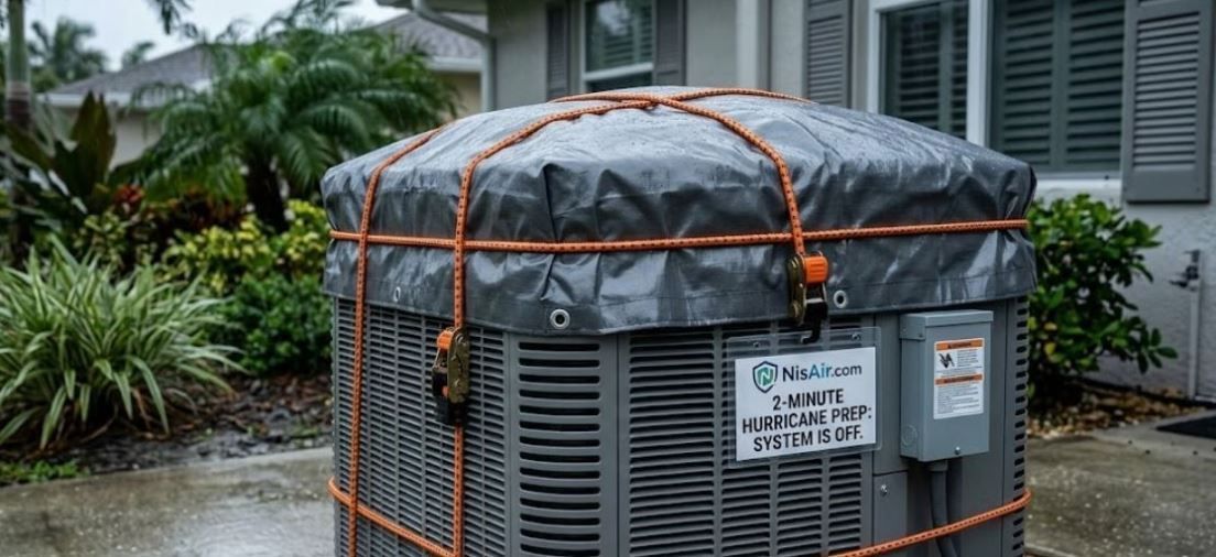 An outdoor AC condenser unit wrapped securely in a protective tarp and held tight with several heavy-duty bungee cords to prevent hurricane damage.