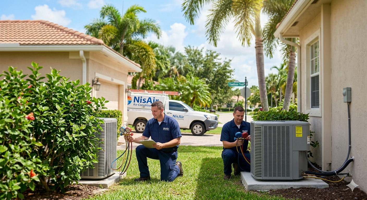 Two technicians kneel in a sunny yard beside a house, inspecting outdoor HVAC units.