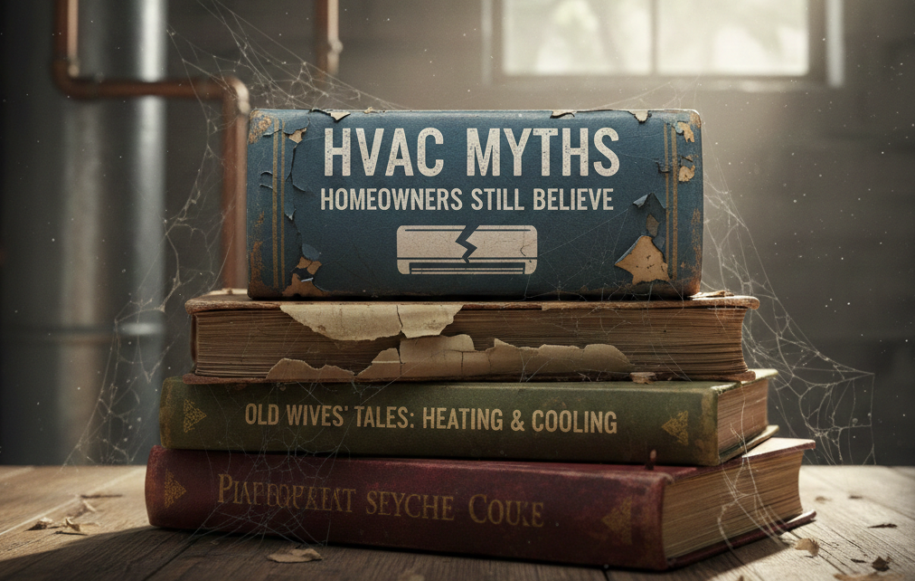 Stack of books with top book titled “HVAC Myths Homeowners Still Believe” in a dusty room.