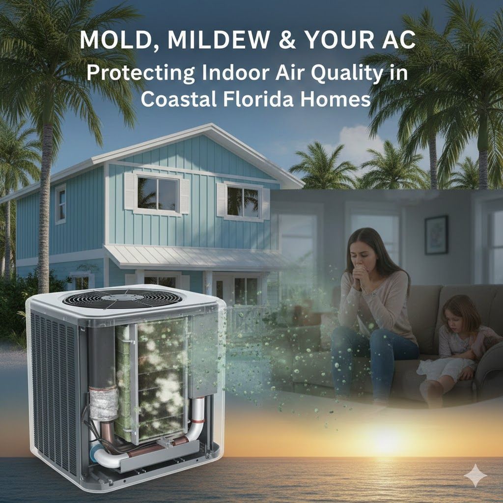 Coastal Florida home with AC unit, mold warning, and text: “Mold, Mildew & Your AC.”