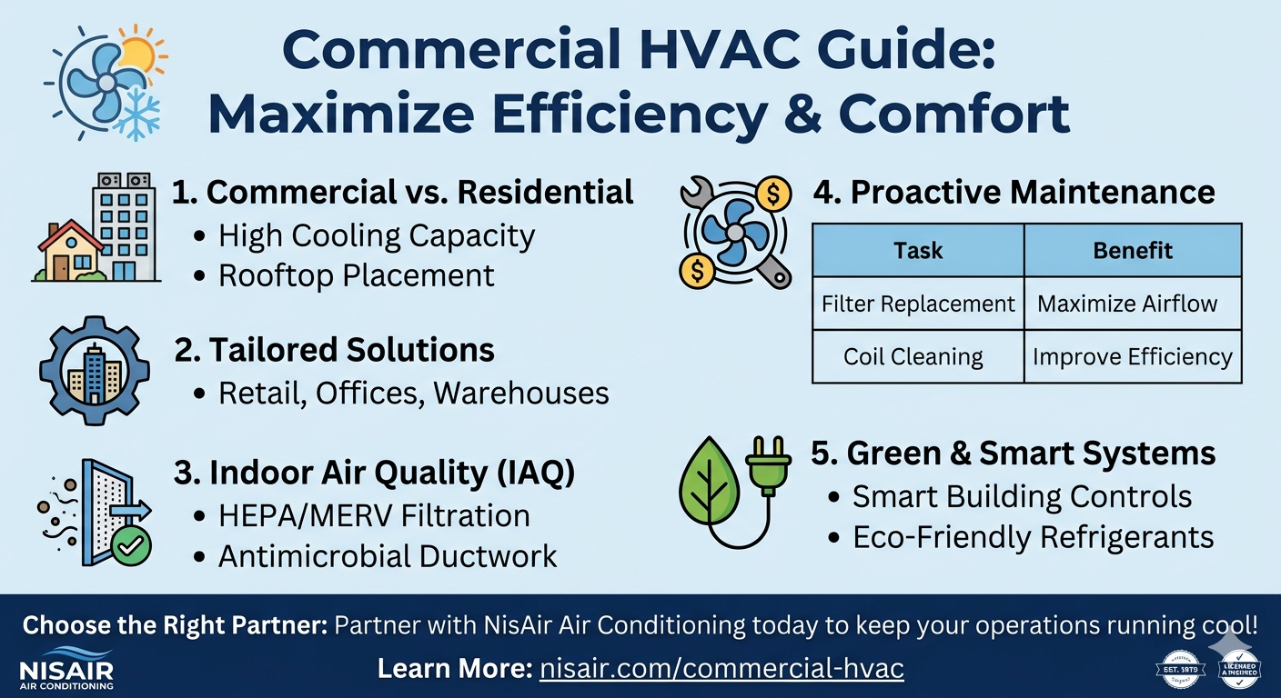 Commercial HVAC guide infographic showing efficiency, IAQ, and maintenance tips.