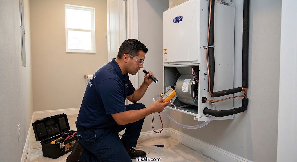 Professional HVAC technician inspecting an indoor air handler system for Fort Pierce HVAC services.