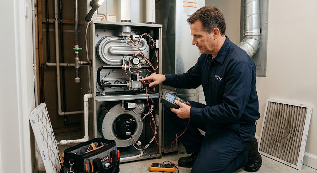 HVAC technician performing complete heater maintenance and furnace tune-up in a home