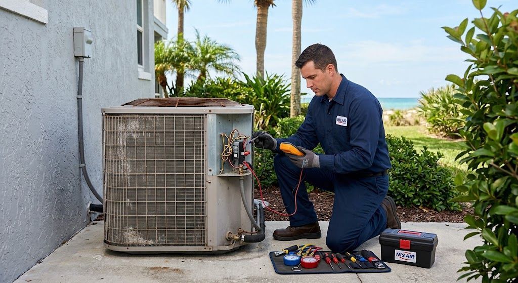 Licensed HVAC repair technician inspecting an outdoor air conditioning condenser unit