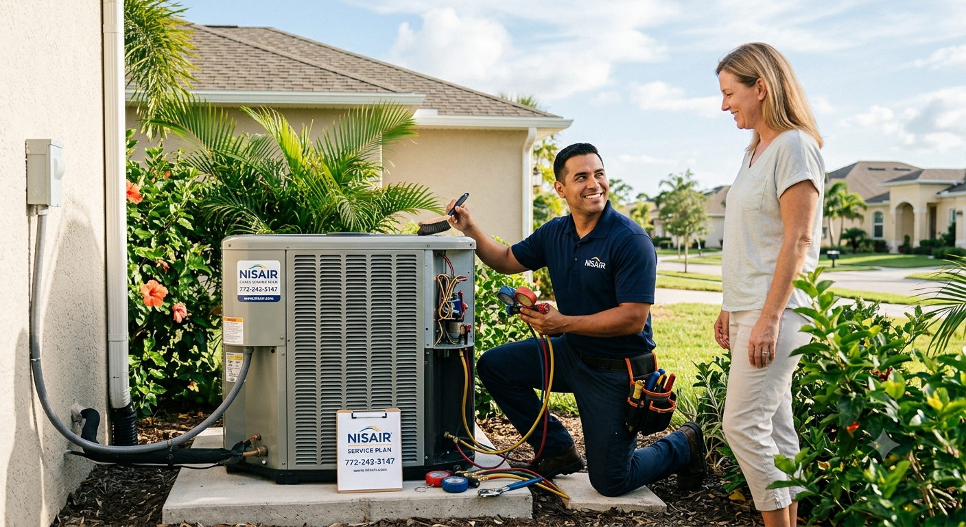 Friendly HVAC technician explaining the NisAir Cares Service Plan to a Florida homeowner.